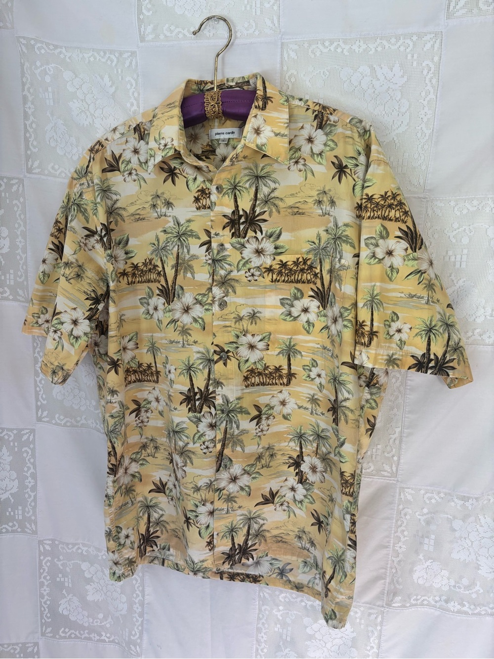 Men’s 100% Cotton Butter Yellow‎ Hawaiian  Print Short Sleeve Button Down Size L - Picture 11 of 14